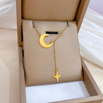 Titanium Steel Star & Moon Tassel Necklace - Minimalist Gold Clavicle Chain for Women
