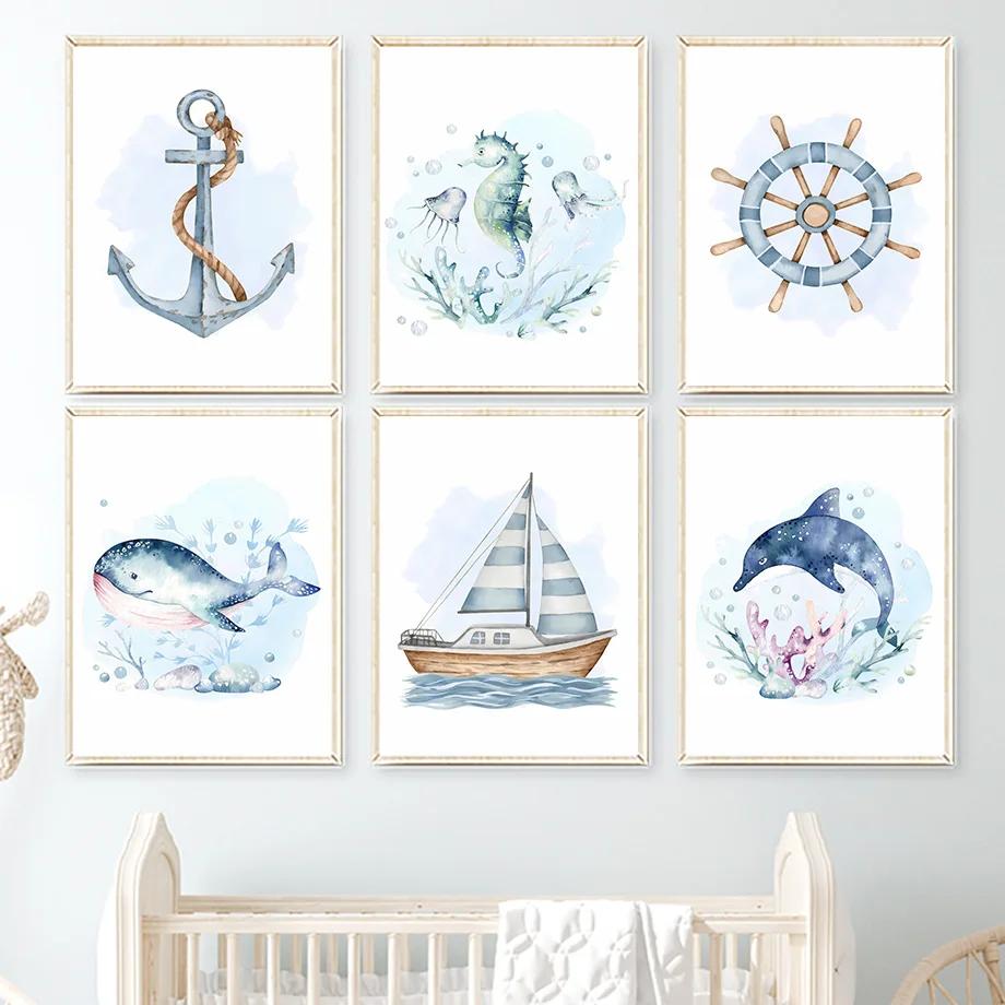 Sailboat Lighthouse Turtle Seahorse Whale Coral Nursery Wall Art Canvas Painting Posters And Print Wall Pictures Kids Room Decor