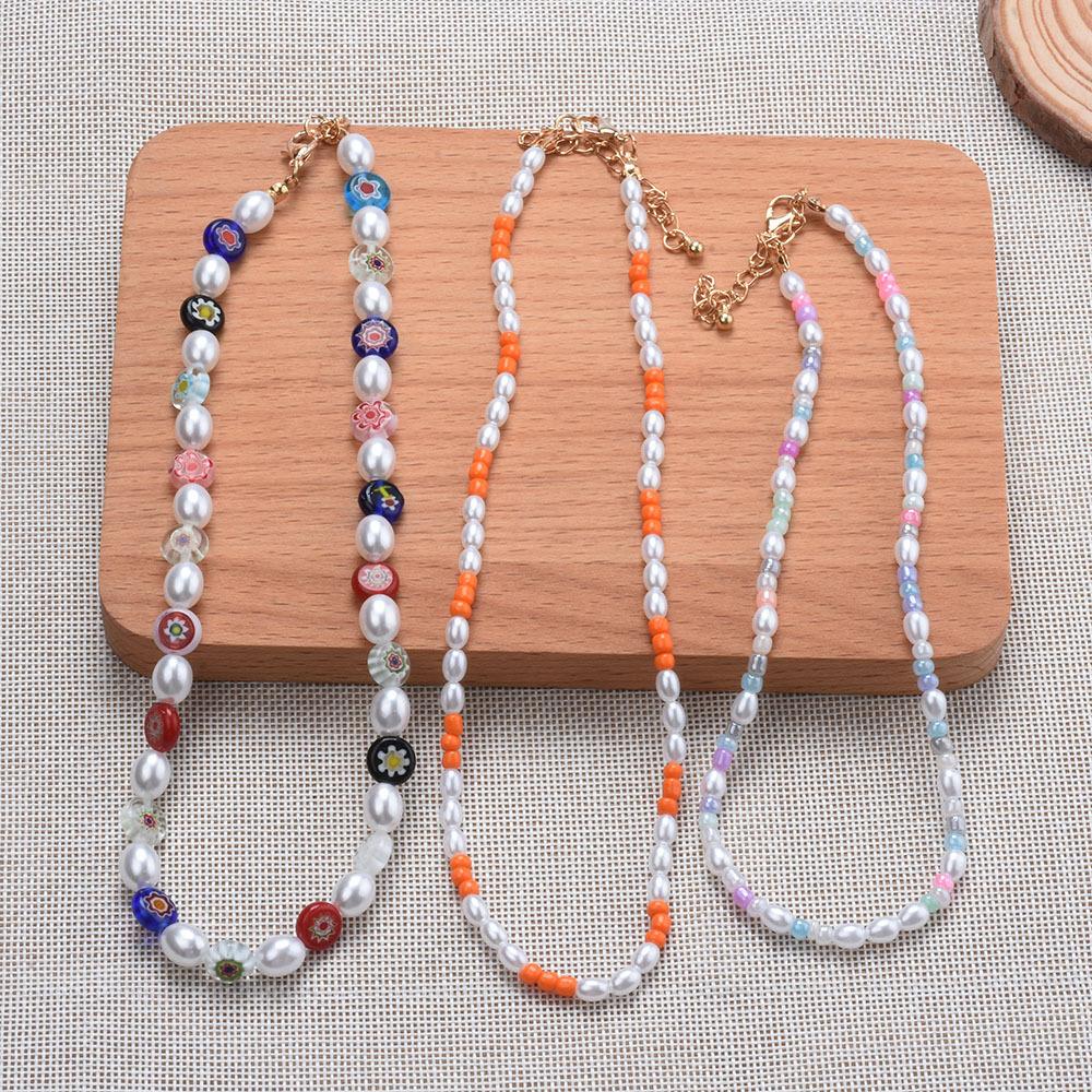 Fresh And Cute Colored Glazed Flower Pearl Necklace Beach Wind Handmade Beaded Necklace Temperament Collarbone Chain Jewelry