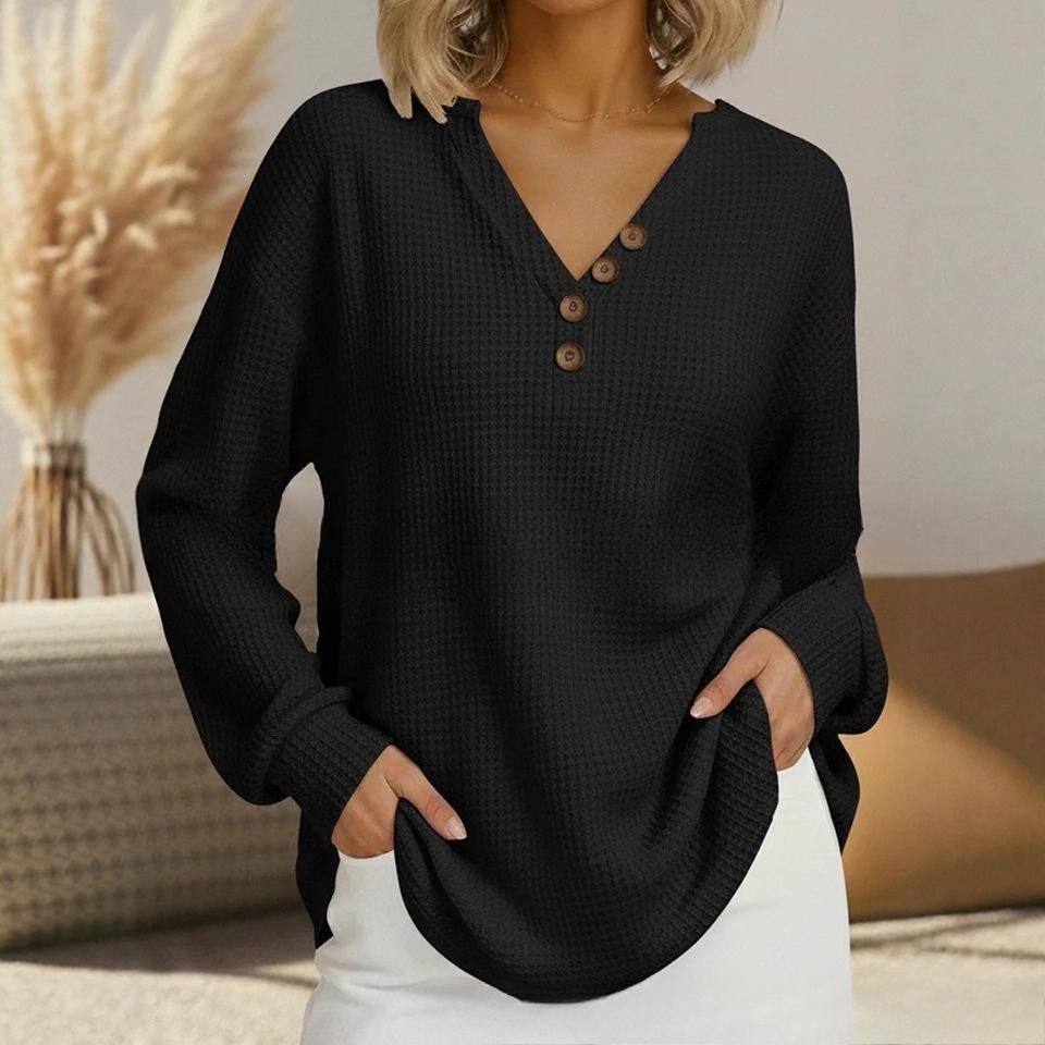 TIFICY Women's Fashion Casual Spring Autumn Solid Color Print Long Sleeve V-Neck Blouses & Shirts