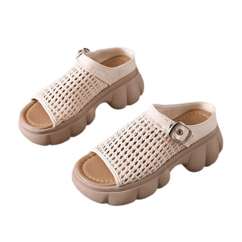 Thick-bottomed muffin Birkencool slippers for women's summer wear 2025 new high-end skirt hollow-woven one-word slippers