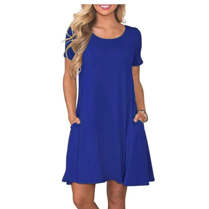 European And American New Round Neck Solid Color Casual Pocket Short Sleeve Big Pendulum Dress Women'S Clothing