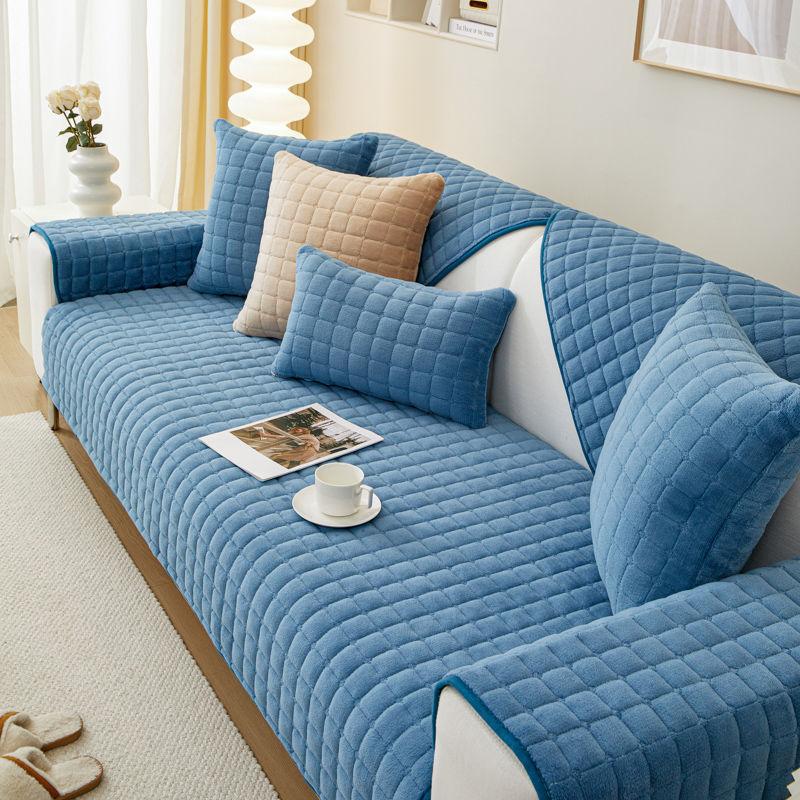 Plyšová kostkovaná pohovka Polštář Neklouzavý zesílený Univerzální potah na pohovku do obývacího pokoje zesílený teplý pohovka zadní kryt područky ručník