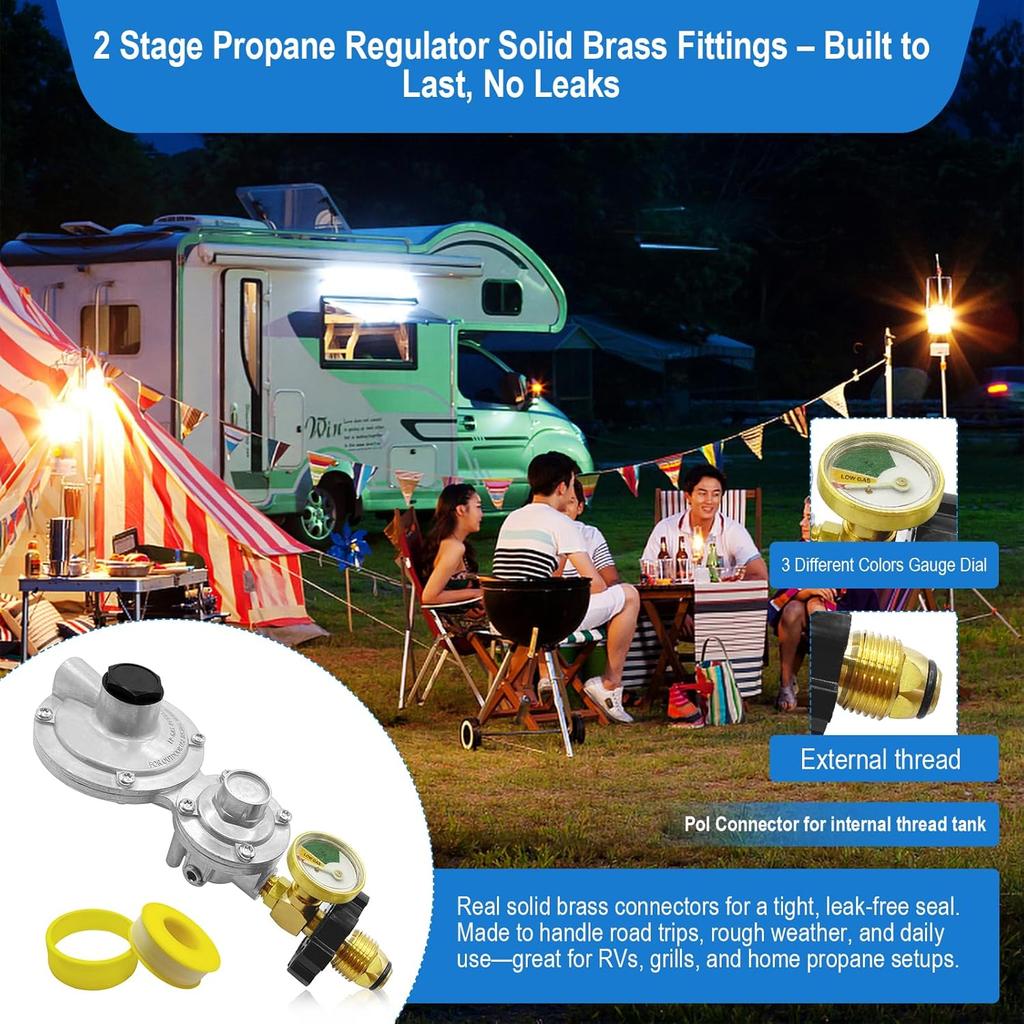 Propane Tank Adapter 2 Stage Propane Regulator With Gauge & POL,Rv Propane Regulator 3/8" NPT For 20–100Lb Tank,Propane Tank Regulator For