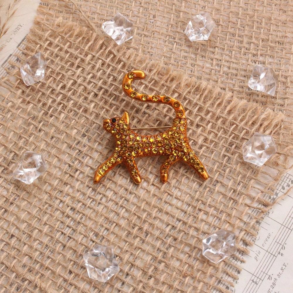 ge Cat Brooch, Blue Orange Colorful Rhinestone Enamel Animal Pin