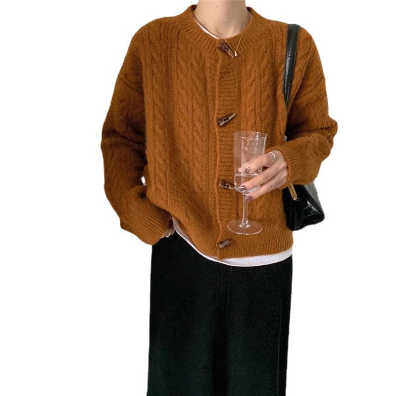 2023 Women's Japanese-Style Horn Button Short Chunky Knit Cardigan - Solid Color, Round Neck for Spring & Autumn