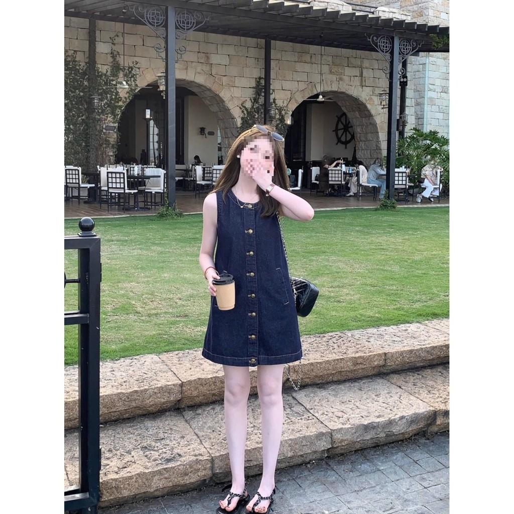 Vintage Korean Style Denim Button Dress With Knit Fabric For Casual And Travel Use
