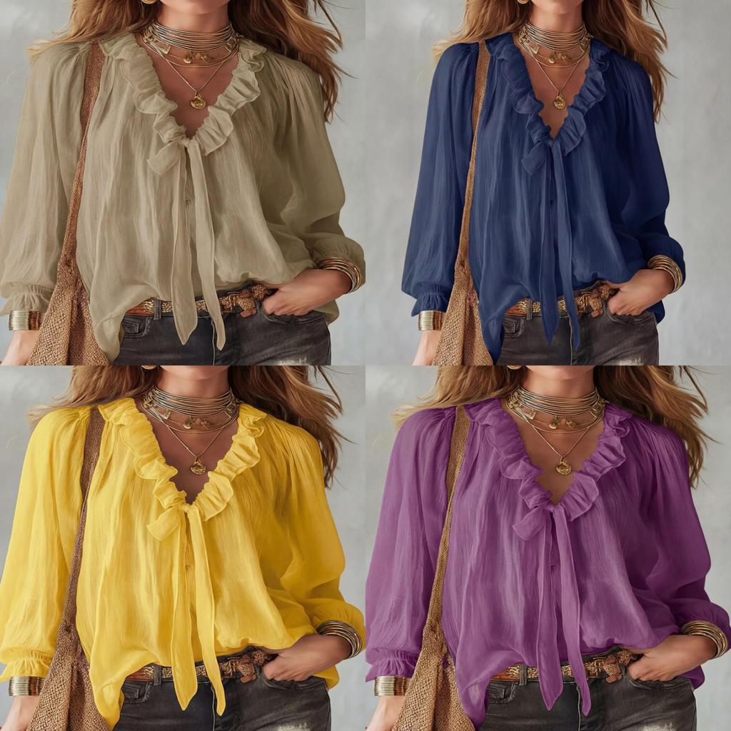 Streetwear Style Ladies V Neck Shirt With Splicing Design For Casual Wear