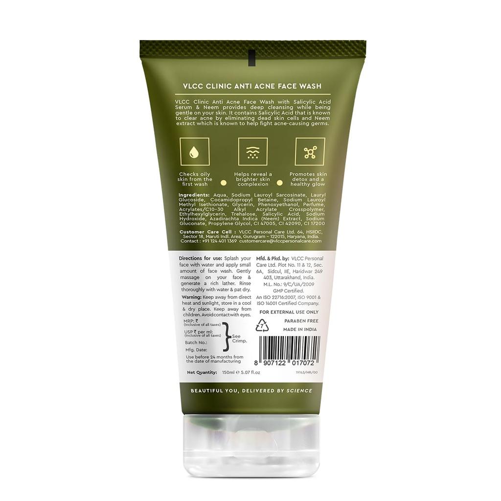 VLCC Clinic Anti Acne Face Wash 150 Ml For Acne Prone Skin With Salicylic Acid And Neem For Oil Control And Clearer Skin