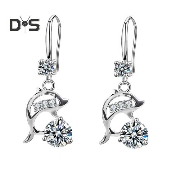 1 Pair Korean Style Hook Earrings Dolphin Design Shiny Rhinestones Drop Earrings Women Mid-length Earrings