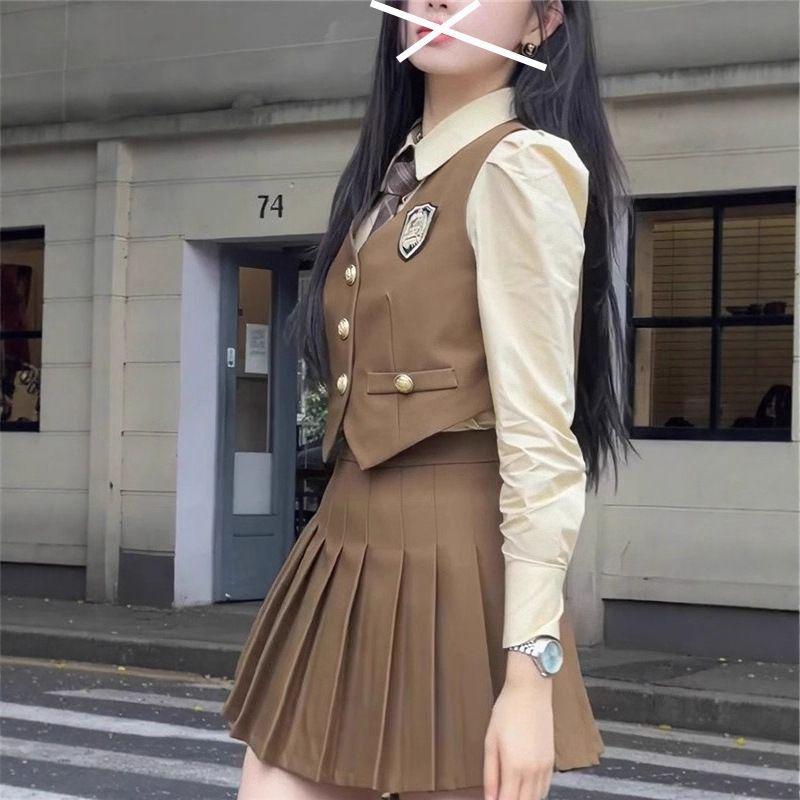 Women's British Style College Uniform: Vest, Shirt & Pleated Short Skirt 3-Piece Set for Spring & Autumn
