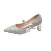 Fashion French High Heels Feminine Premium Block Heel Wedding Shoes 2025 New One Word Strap Pointed Toe Single Shoes Silver