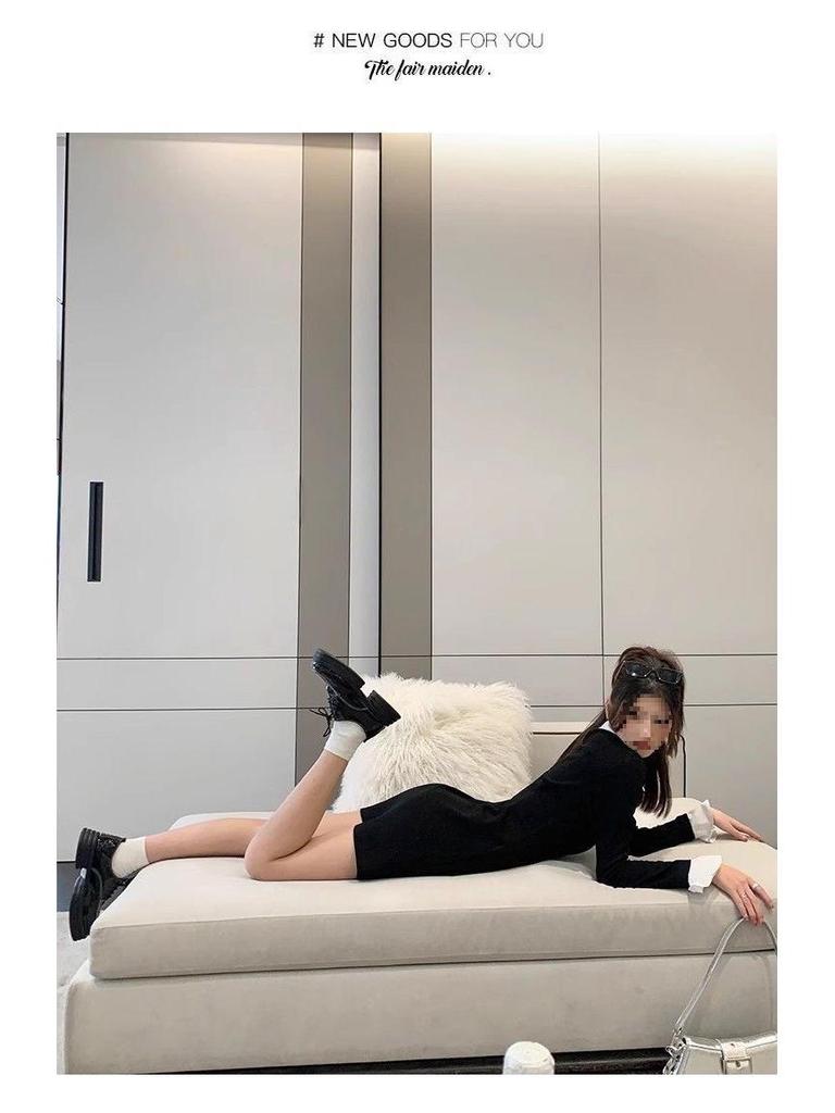 Women's Japanese Style Long Sleeve Polo Dress with Waist-Cinching & Slit A-Line Skirt - Contrasting Colors, Faux Two-Piece, Spring Arrival