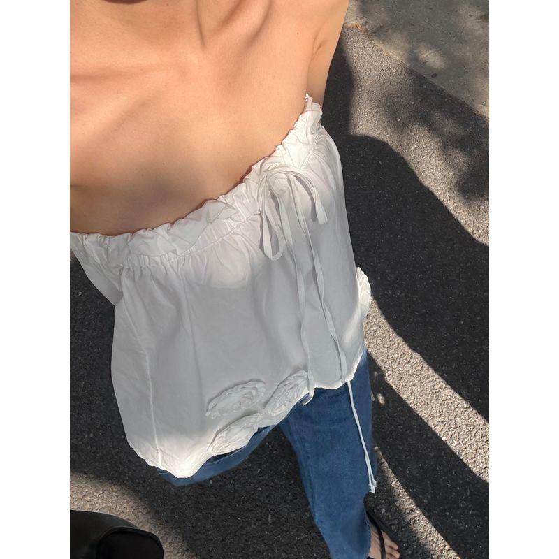 

Korean Style Three-Dimensional Flower Curling Drawstring Halter Tube Top Women s Summer Vacation Style Sexy Slim Looking Design Blouse Tide White S