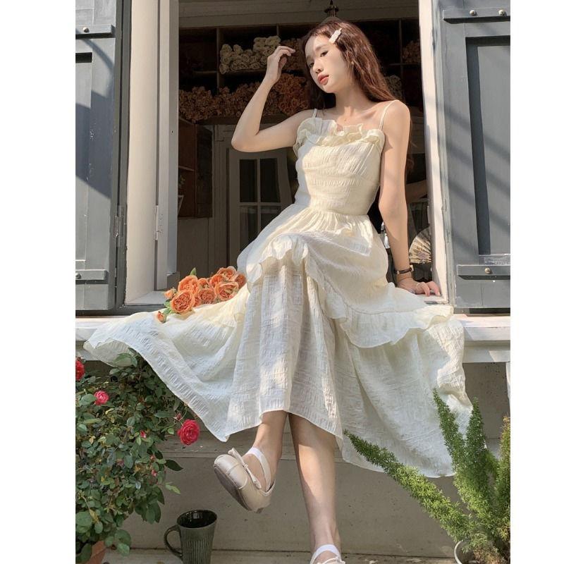Summer new female small French fairy dress thin and pure small white dress suspender high waist long dress