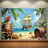 Caribbean Pirate Backdrop - Tropical Beach Ship, Parrot & Treasure Background