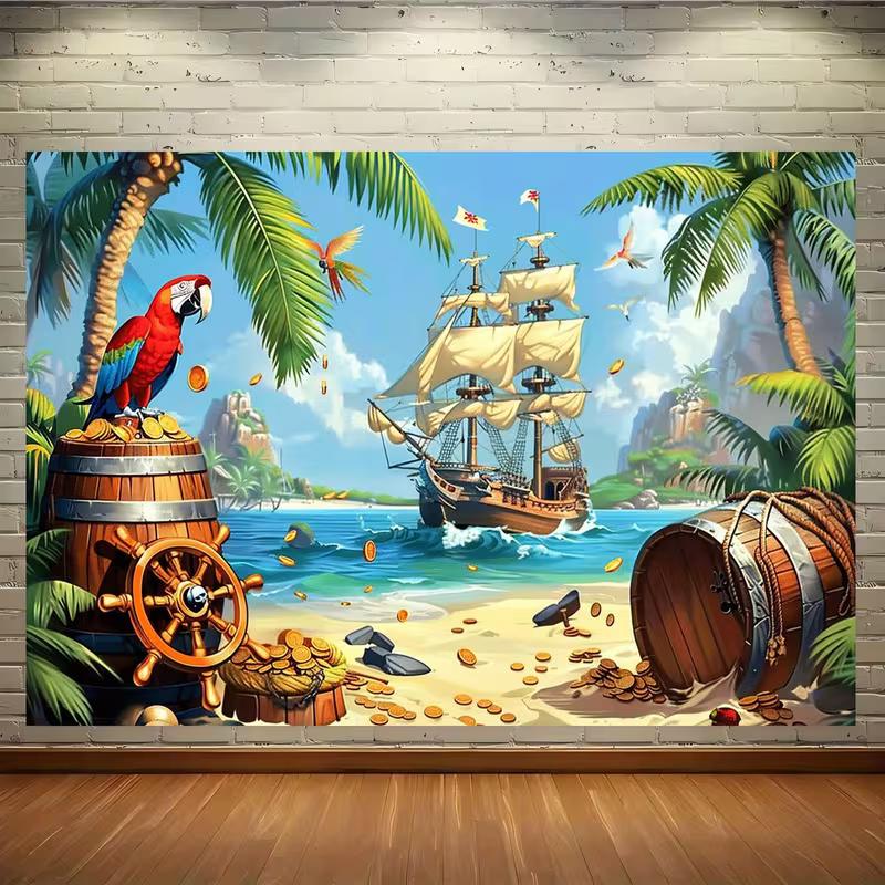 Caribbean Pirate Backdrop - Tropical Beach Ship, Parrot & Treasure Background