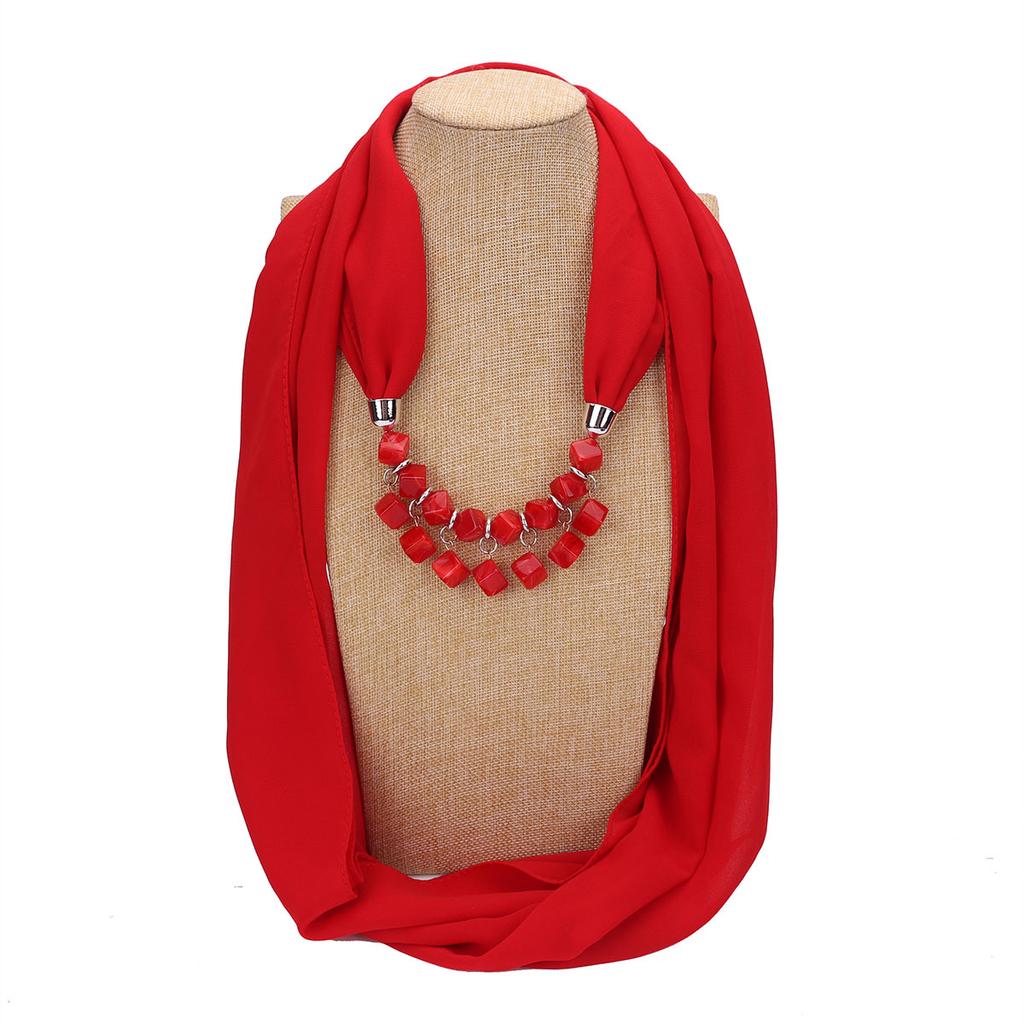 Bold Red Chiffon Scarf Necklace with Cubic Beads – Fashionable Infinity Scarf for Women, Statement Jewelry Accessory