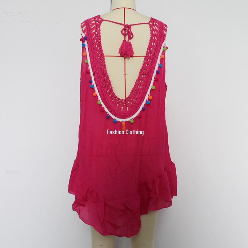 Colorful Ruffle V-Neck Crocheted Patchwork Bikini Cover-Up Skirt