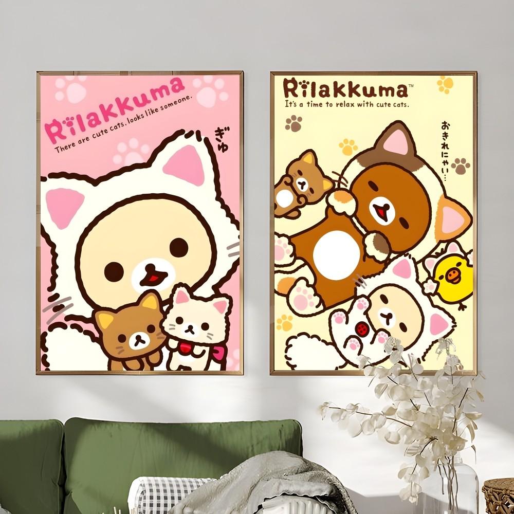 Uroczy Kreskówkowy Anime Rilakkuma Klasyczny Plakat HD 4K Samoprzylepny Druk na Ścianę Wodoodporny Wystrój Estetyczny do Domu Salonu Sypialni Baru