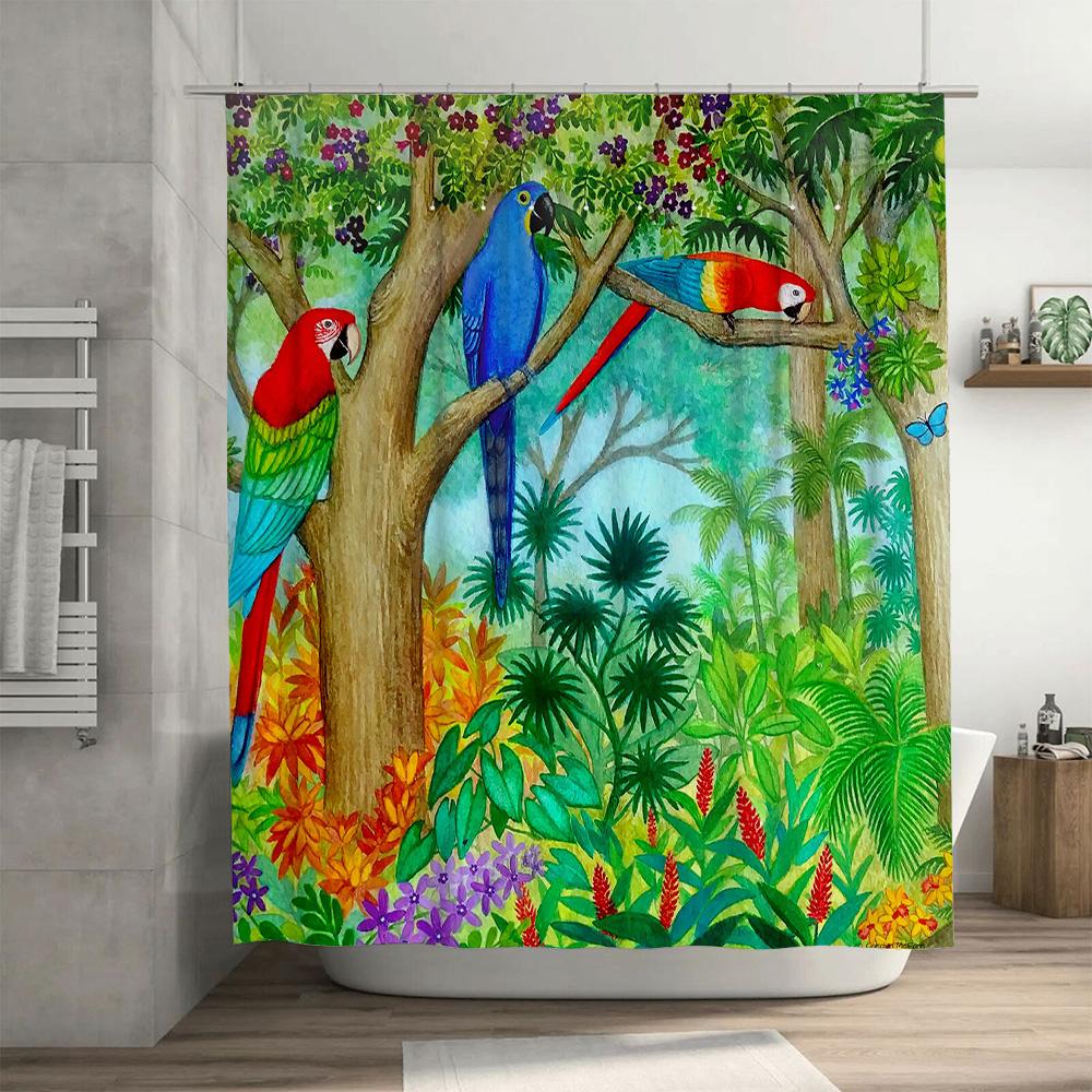 Vibrant Rainforest Shower Curtain with Parrots Home Decor Bathroom Accessories TaurusDuan