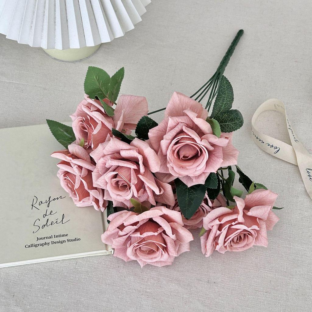 7-Head Ruffled Cappuccino Rose Bouquet - Vintage Artificial Flowers for Home or Wedding Decor