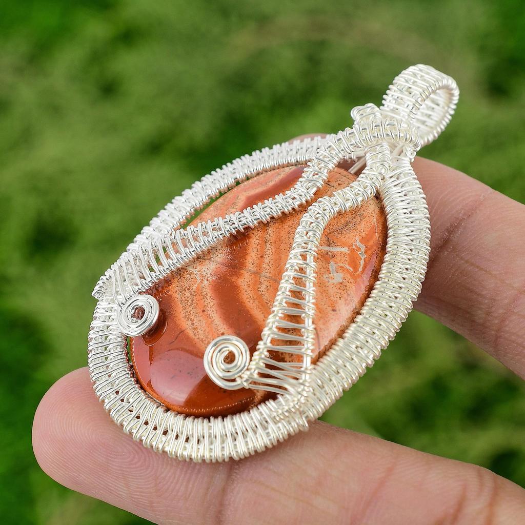Oval Natural Red Snakeskin Jasper Wire Wrapping Unique New Pendant 925 Silver