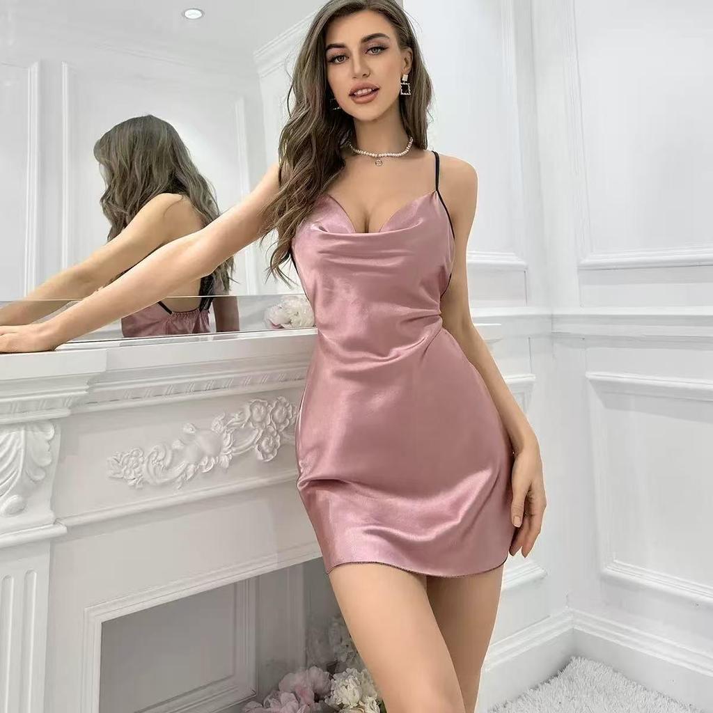 Elegant Spaghetti Strap V-Neck Faux Silk Backless Sleep Dress