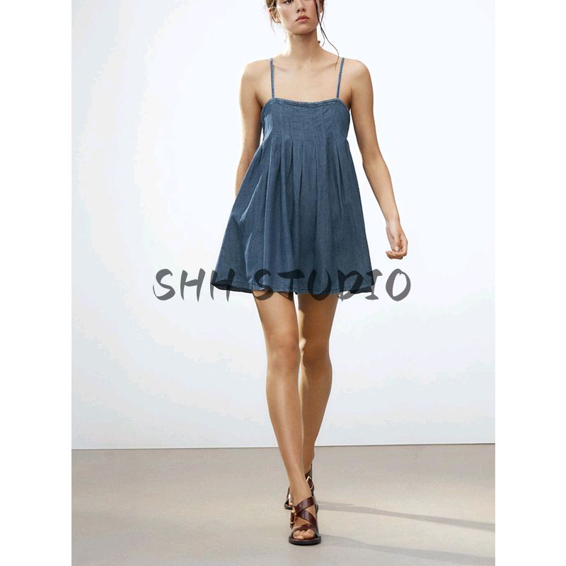 Spring and Summer New Women's Clothing Ins Style Wide Pleated Decoration Denim Straight Collar Camisole Short Dress 0250080
