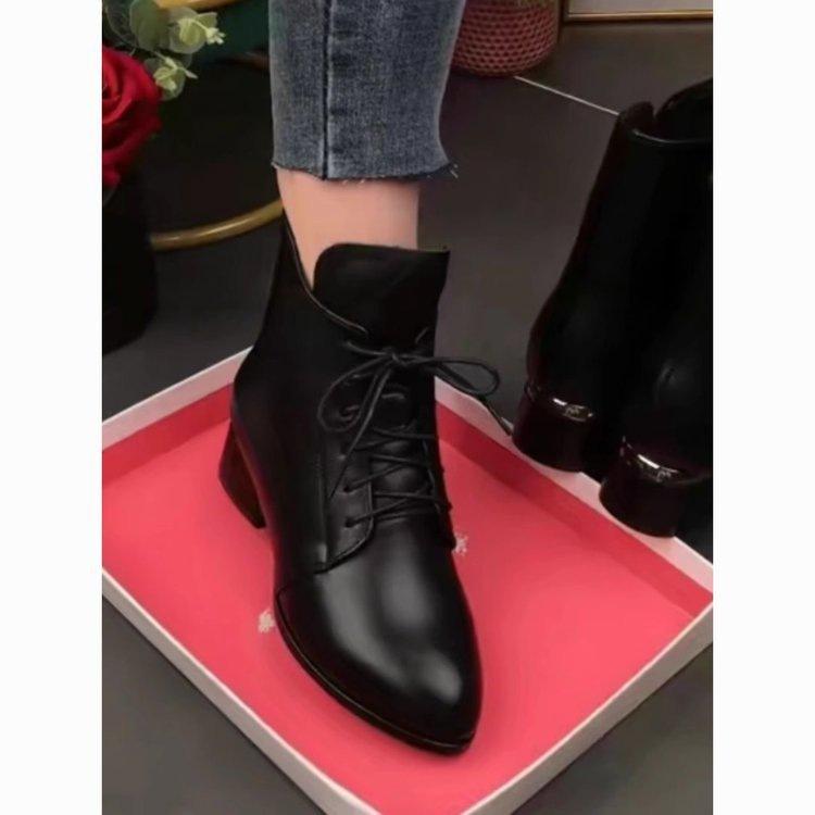 Pointed short boots women's thick heel 2025 autumn and winter new thin boots black temperament women's boots soft leather lace-up Martin boots
