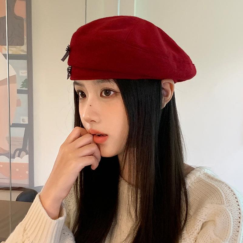 Sweet and Cute Versatile Bow Beret Autumn and Winter Casual Korean Version Big Head Painter Hat Fashion Newspaper Boy Hat
