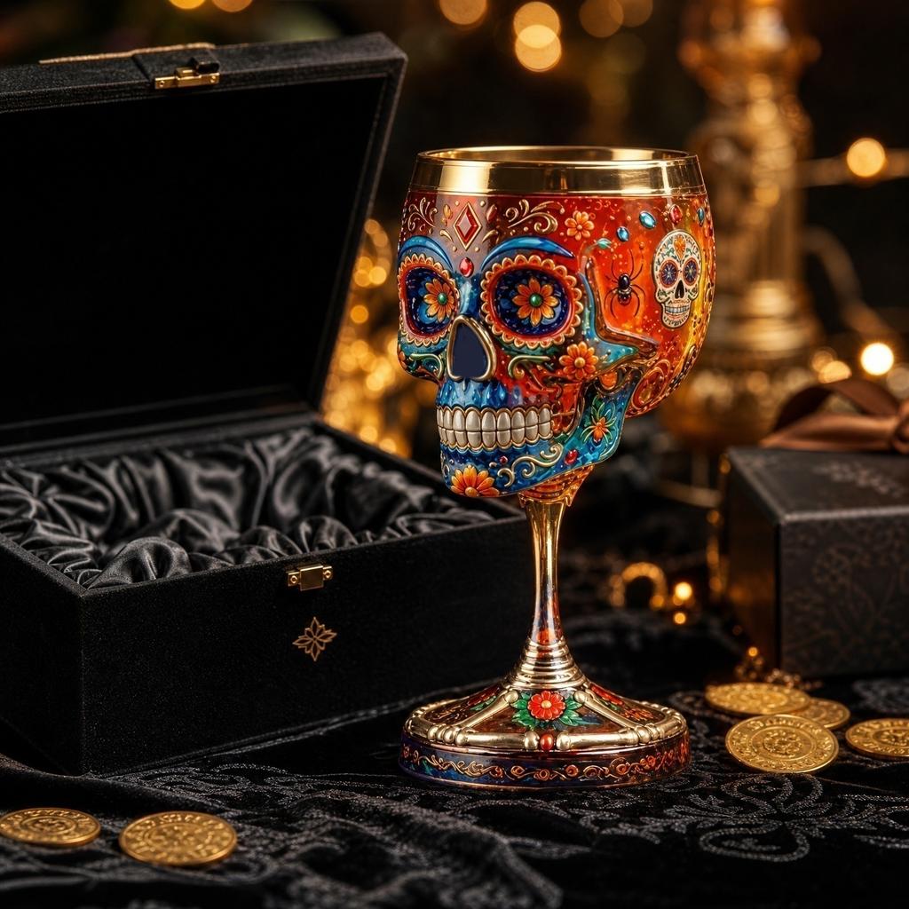 Decorative Gothic Skull Wine Glass with Floral Pattern Suitable for Home Bar Halloween Decoration Unique Stemware Design