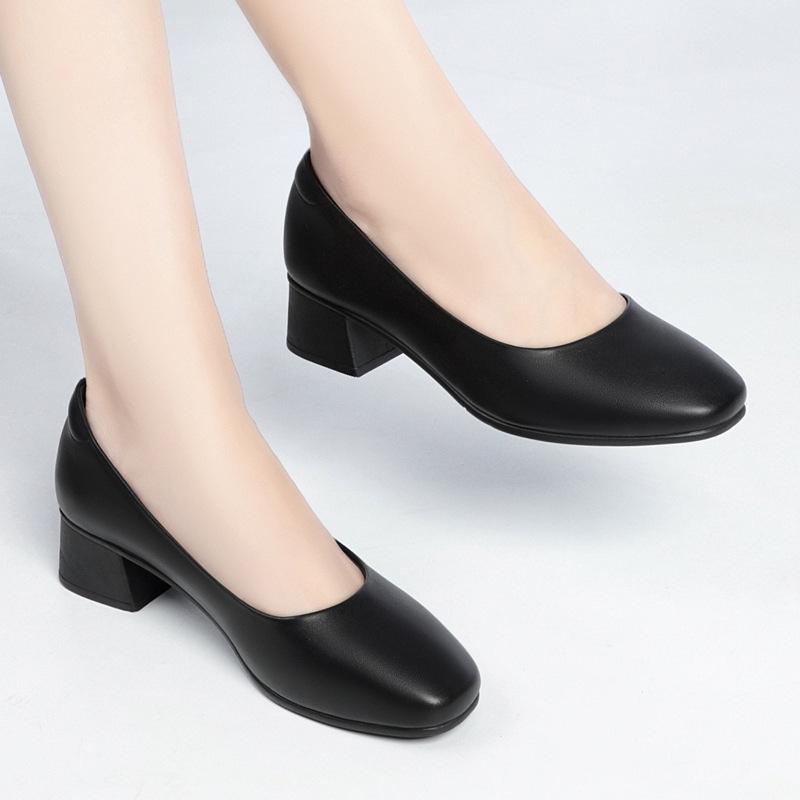 Fashion Women Classic Black Pu Leather Office Square Heel Pumps Zapatos De Mujer Lady Cute Brown Comfort Pumps for Party