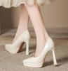 2025 Spring and Autumn New Waterproof Table Nude High Heels Women's Patent Leather Versatile Etiquette Catwalk Thick Heel Not Tired Feet Single Shoes