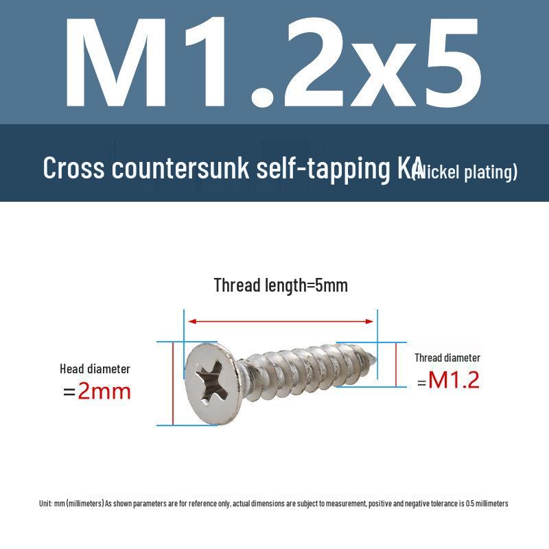 YiguYigu Nickel-Plated Phillips Flat Head Self-Tapping Screws M1-M5, Carbon Steel