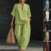 Damen V-Ausschnitt Dreiviertelärm Lockerer Schnitt Einfarbige Leinenmischung 2-teiliges Outfit Hohe Taille Weiter Bein Hose Lässiges Sommer Loungewear Set
