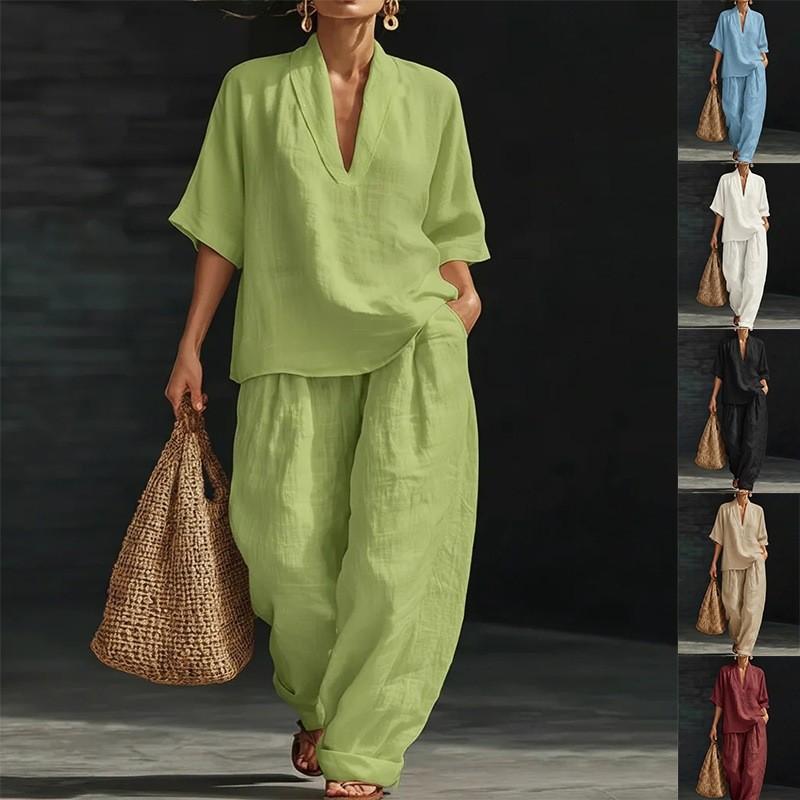 Women's V Neck Three Quarter Sleeve Loose Fit Solid Color Linen Blend 2 Piece Outfit High Waist Wide Leg Pants Casual Summer Loungewear Set
