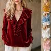 2026 Autumn Elegant Velvet V-neck Ruffle Top for Women
