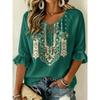 Blusa Bordada Étnica Azul Marino para Mujer con Cuello de Corbata, Tops Casuales Sueltos para Primavera Verano, Uso Diario y Ocasiones de Vacaciones