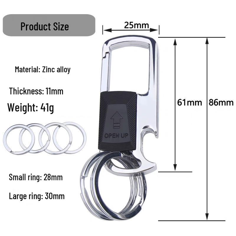 Pánská multifunkční klíčenka s klipem na opasek s push-pull mechanismem, více kroužky, přívěskem proti ztrátě a otvírákem na láhve.