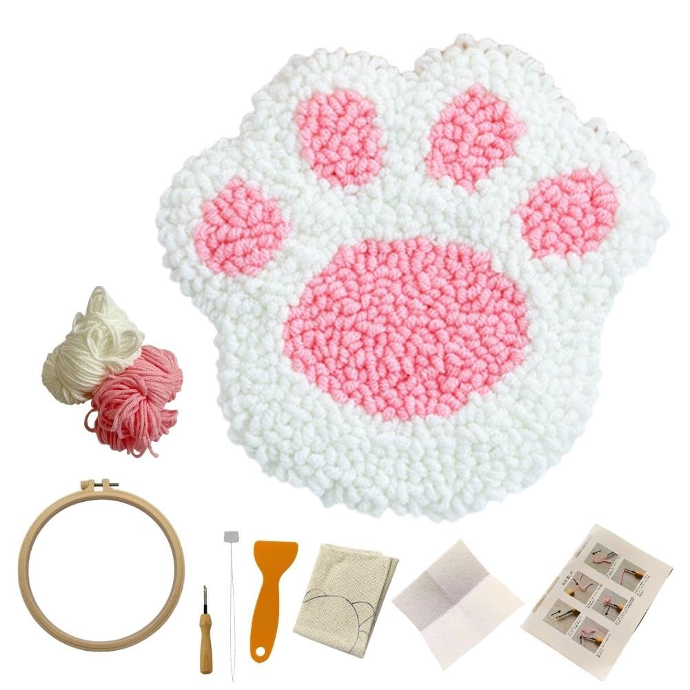 Punch Needle Kit Embroidery Set with Japanese Free Needle Punch Instructions, Coaster, Stitching, (Paw Print)