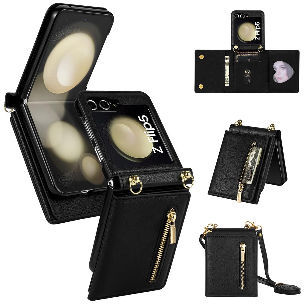 Crossbody Zipper Cards Solt Wallet Leather Case For Samsung Galaxy Z Flip 6 5 4 3 5G Flip6 Flip5 Triple Fold Pocket Purse Cover