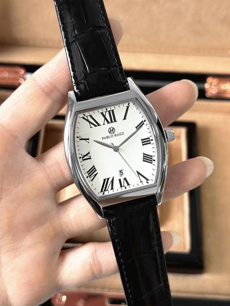 Pablo Raez Barrel Watch: Waterproof Leather Strap, Calendar, Casual Men's Style.