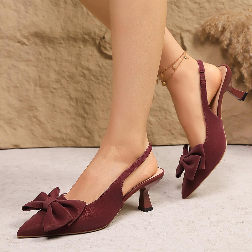 Fashion Pointed-toe Slim Stiletto Sandals Women's Summer Gentle Bow-patterned Headband Single Shoes Large Size Platform Heels