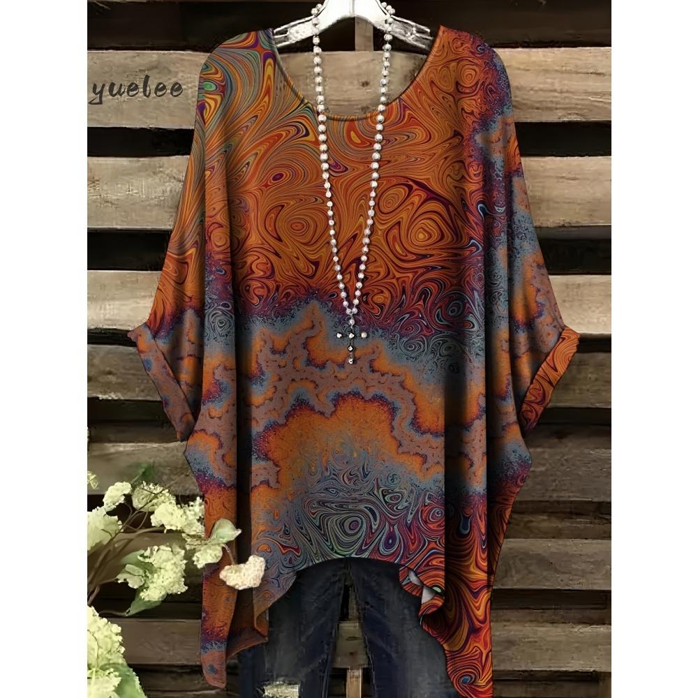 Tessuto Estivo Imitazione Denim Stampa Tie-Dye Orlo Irregolare Girocollo Manica Corta da Donna Abbigliamento Casual da Esterno da Donna
