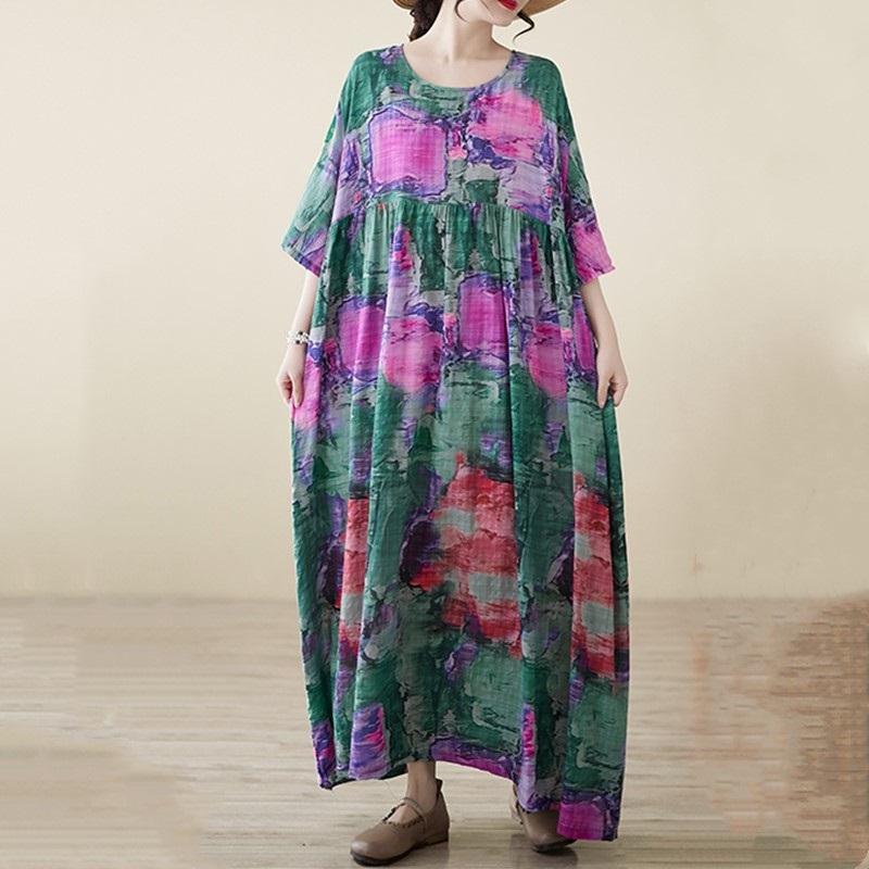 

Новое винтажное платье с цветочным принтом больших размеров с коротким рукавом для женщин, повседневное свободное длинное летнее платье макси