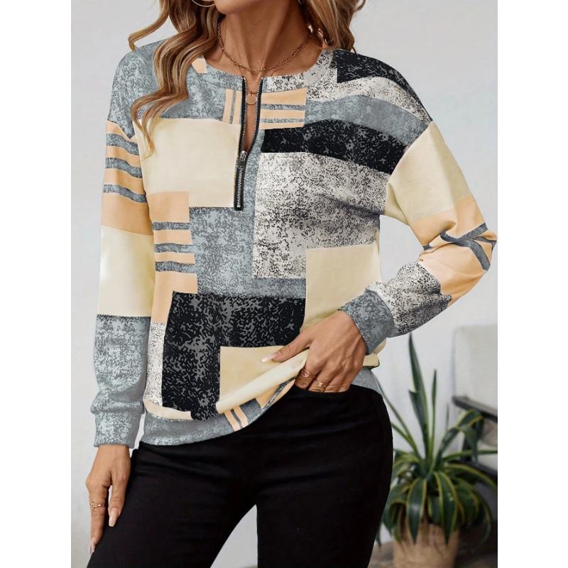 Women's Casual Striped Knit Sweatshirt with Zipper Detail, 100% Polyester Crew Neck Pullover for Spring, Summer, and Fall