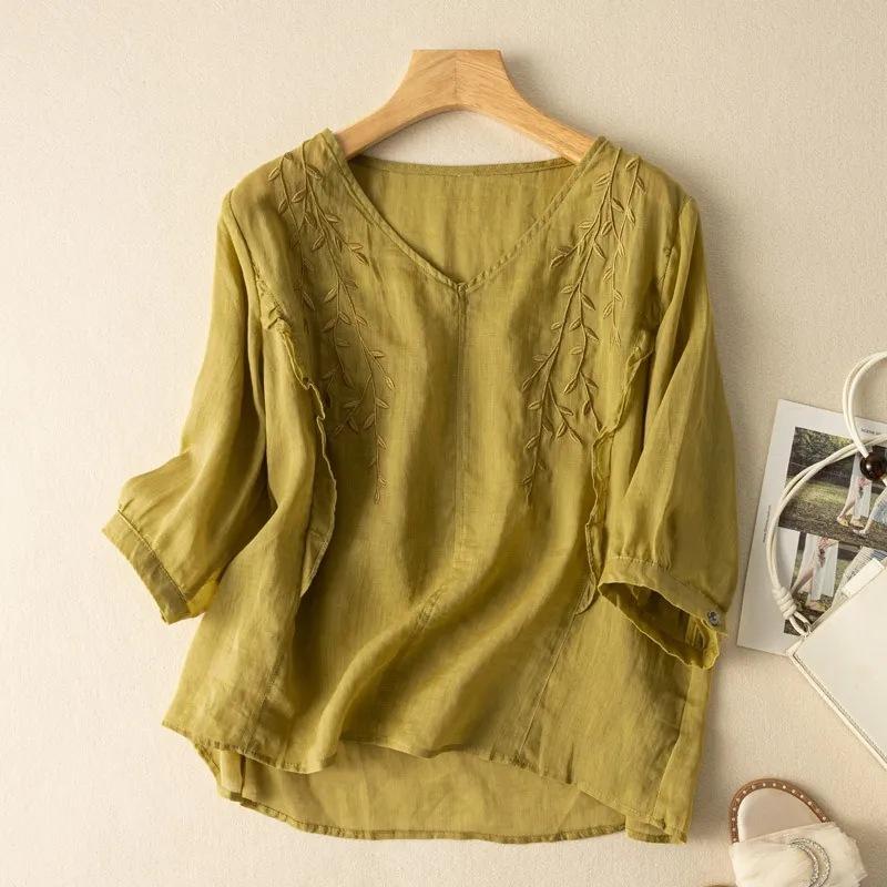 Summer new embroidered cotton and linen top loose temperament literary retro seven-quarter sleeve casual versatile