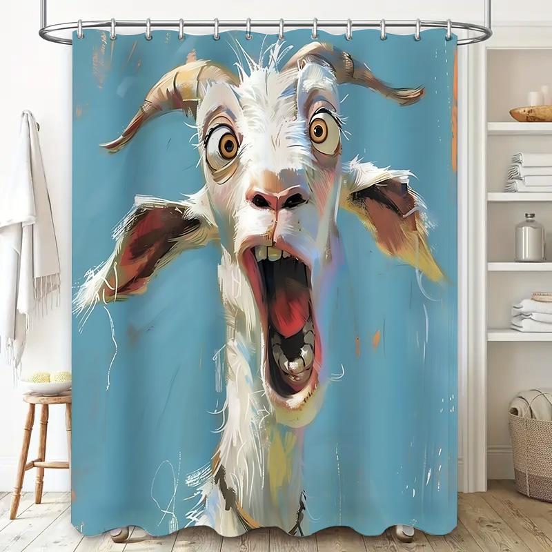 Goat Pattern Waterproof Mold-Proof Shower Curtain Creative Bathroom Curtain Unique Design Stylish Home Decor Complimentary Hook