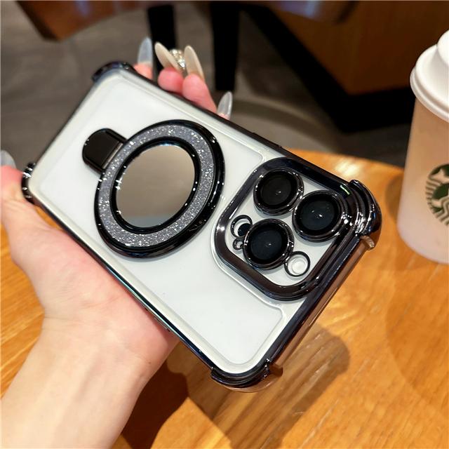Luxury Plating Flash Mirror Clean Frame Bracket Stand Phone Case For iPhone 11 13 14 15 Plus 16E 16Pro Max Lens Protective Cover
